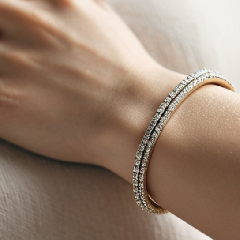 **

*   **Prompt:** Close-up photo of a slender wrist adorned with a delicate white gold bracelet. Focus on the subtle sparkle and the bracelet's fine chain. Soft, diffused lighting to emphasize elegance. Background: blurred neutral tones.

**
