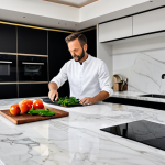 **

"A modern, minimalist kitchen interior. Features integrated, hidden appliances such as a paneled refrigerator and a sleek induction cooktop blending seamlessly into the marble countertop. The kitchen should feel spacious and uncluttered. Fully clothed person preparing food. Safe for work. Appropriate content. Professional photography. Perfect anatomy, correct proportions, natural pose. High quality, professional, modest, family-friendly."

**