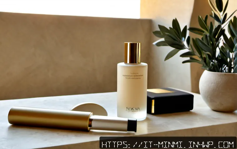 Home 12 트렌디한 미니멀 럭셔리 뷰티 제품 - Photorealistic editorial still life of trendy minimalist luxury beauty products, unbranded frosted g...
