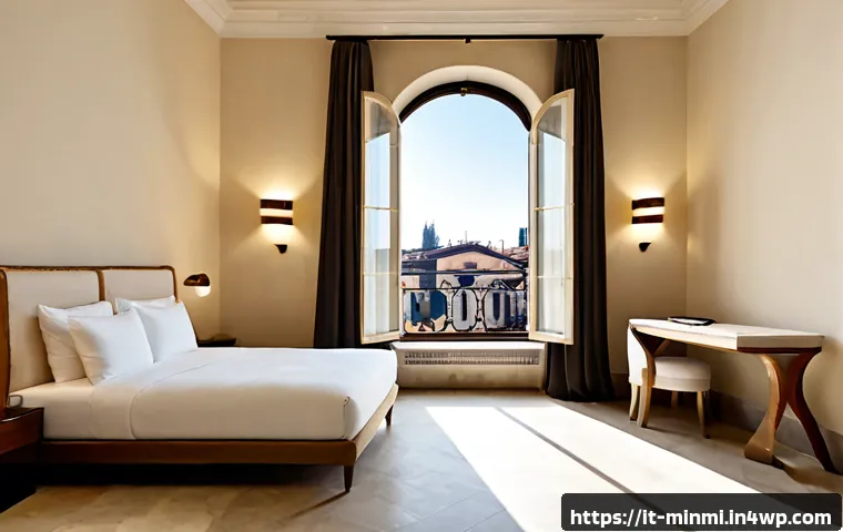 Home 14 미니멀 럭셔리 호텔의 특징과 추천 - Photorealistic minimalist luxury hotel suite in Milan, Italy, featuring warm ivory walls, pale trave...